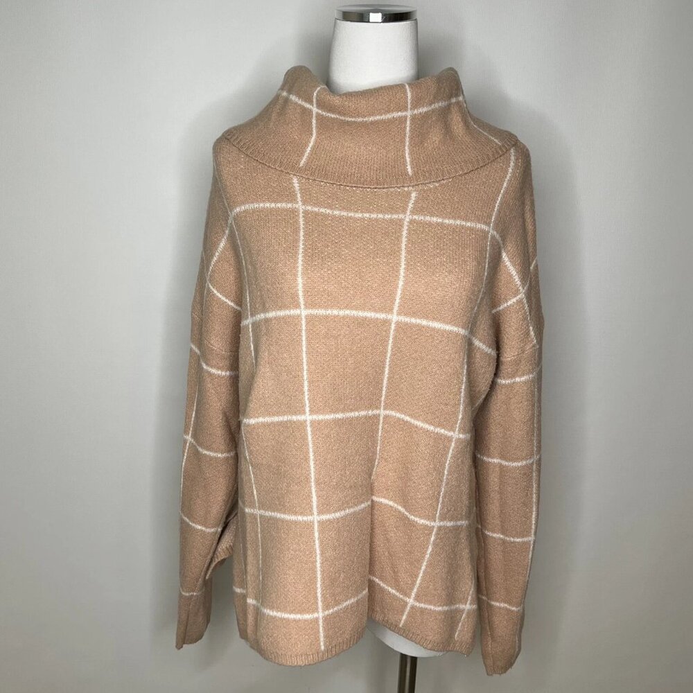 Lulus Small Pullover Sweater Pink Windowpane Turtleneck Stretch Side Slit Womens
